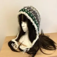 バラクラバ ボンネット ハンドメイド　ニット帽子 グリーンy2kフード帽