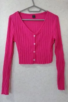 SHEIN フロントボタン レタストリム リブニット トップス ピンク S