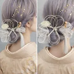 53✳︎成人式髪飾り 水引　白リボン パール 金箔　振袖和装洋装　タッセル白無垢