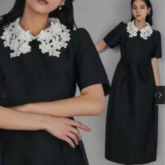 girl フラワーレース襟付きパフスリーブコクーンシルエットワンピースドレス