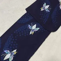 浴衣 本染 濃紺 蝶 ぼかし 花柄 コーマ 手縫い レトロ リメイクにも
