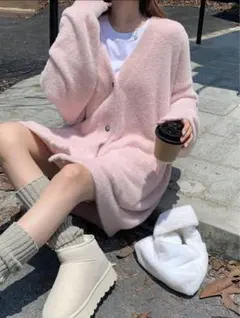 フワフワ素材 ピンク オーバーサイズカーディガン