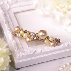 【6㎝バレッタ】コットンパールとビジューのゴールドバレッタ