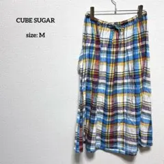 美品 キューブシュガー フレアスカート M チェック カラフル ミモレ丈 綿