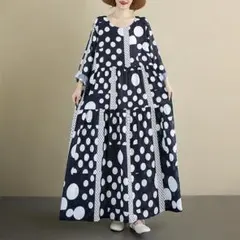 【大きいサイズ】新品 レディース ドット柄 長袖春秋ティアードワンピース
