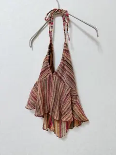 SHEIN ホルターネック ホルター ノースリーブ ボーダー S 赤 ビーチ