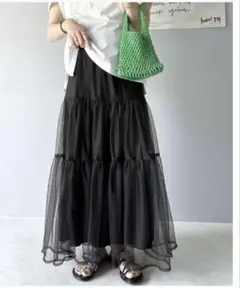チュール　ティアードロングスカート ブラック エル