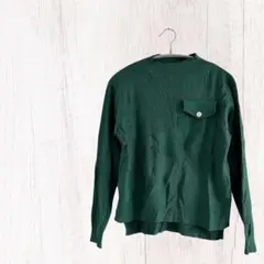 ダークグリーン リブ編み 長袖セーター シンプル ポケット飾り ニット