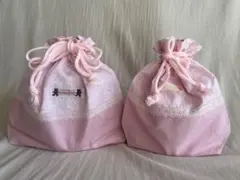 お弁当袋　コップ入れ　巾着袋 2個セット ピンク レース ハンドメイド