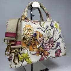 PRADA カナパ S 2way ショルダー付 花柄 キャンバス ハンドバッグ