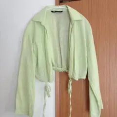 【美品】ZARA ライトグリーン クロップドシャツ M リネン100%