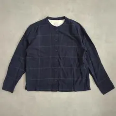無印良品 チェック柄ノーカラー長袖シャツ【S】ネイビーコットン100%
