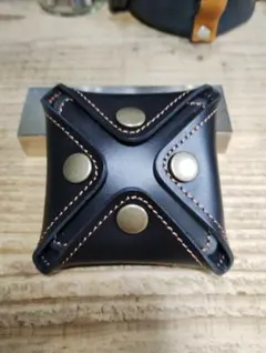 レザーコインケース　ハンドメイド　黒(茶ステッチ)　小銭入れ　小物入れ　牛革