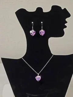 ピンクハートクリスタルピアスとネックレスセット