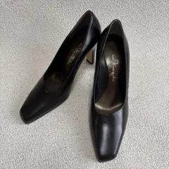 【美品】銀座かねまつ レザー パンプス スクエアトゥ ブラック 21.5㎝