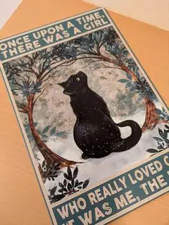 ブリキ看板　アート　猫　木の輪っか　幻想的　北欧　モダン　レトロ　猫雑貨　猫好き