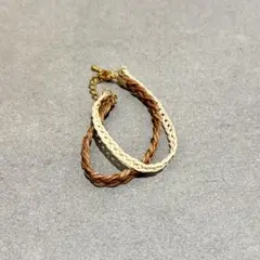 編み込みブレスレット 2連 ベージュ ブラウン