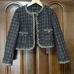 ノーカラーツイードジャケット ブラック系