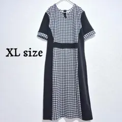 美品✨大きいサイズ XL 千鳥格子 切り替え ワンピース 膝丈 半袖 着痩せ 黒