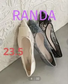 【美品】RANDA 幅広 3E スクエアパーツレースフラットパンプス ベージュ