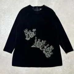 【00's vintage】ベロア カットソー 刺繍 ブラック レトロジップ M