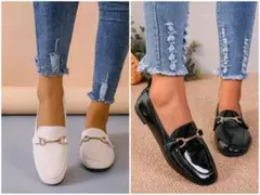 SHEIN　フラットローファー(ホワイト、ブラックエナメル2足セット)のサムネイル