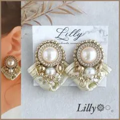 #862 インド刺繍リボン/パール/ビーズ刺繍/大ぶり/ハンドメイドピアス