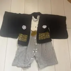 ベビー着物風服 黒と白ストライプ　80