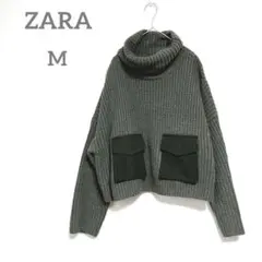 ザラ　ニット　 M グリーン系　タートルネック セーター　コンビ素材ポケット付き