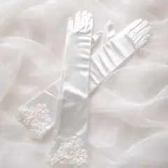 ブライダルグローブ ロング サテン レース パール ホワイト 結婚式 前撮り