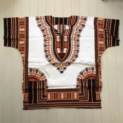 Dashiki ダシキ 半袖シャツ 総柄シャツ オレンジ黒白　民族衣装