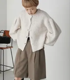 forksy.モヘアタッチミックスニットショート丈ボリュームスリーブカーディガン