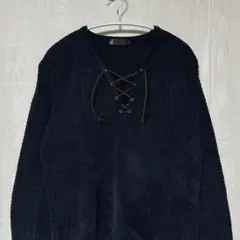 レースアップ ワッフル調 Vネック ニット ネイビー y2k 平成 お兄系 L