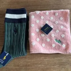 POLO 緑靴下とピンクドットタオルハンカチセット