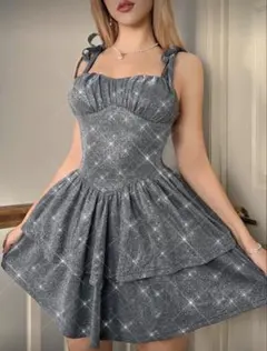 ラメ入りグレー フレアミニワンピース