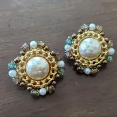 と*♡様 ヴィンテージイヤリング　バネイヤリング　パール×チェコビーズ　アンティ