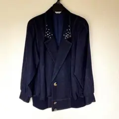 ネイビー 紺　デニム調　スタッズ付きジャケット ミセス向け　冬服