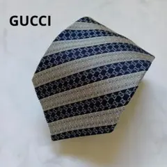 GUCCI　グッチ　ネクタイ　シルク　GG柄　ストライプ　シルバー　ネイビー