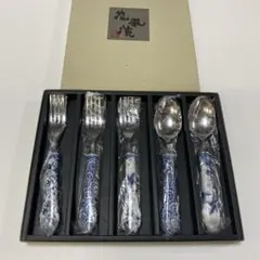 美濃焼　龍峰窯　染付け　磁器　陶器　カトラリー スプーン　フォーク　計5本セットのサムネイル