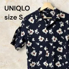 UNIQLO レーヨン オープンカラーシャツ 花柄 S ネイビー アロハ 半袖のサムネイル