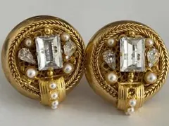 ▲IL GIOIELLO イヤリング円形クリアストーンパールロープヴィンテージ