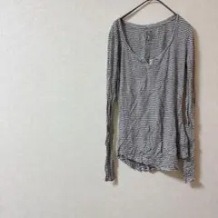 ボーダー Vネック 長袖Tシャツ シンプル 海外古着 一点物 白 黒