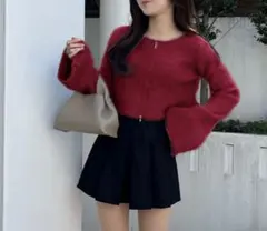 赤 ジッパー付き フレア袖 フェザー ニット
