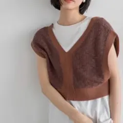 【LOWRYS FARM】2way 柄ビスチェ ニットベストショート丈 ブラウン