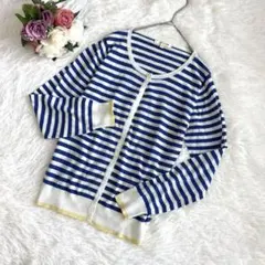 美品✨エニィファム（M）ボーダー カーディガン 綿100%クルーネック 白×青のサムネイル