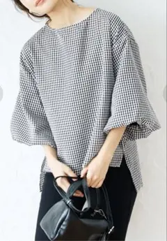 coca コカ　ギンガムチェック　バルーン袖　五分袖　M ゆったり　ブラック