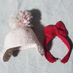 10~12cm ぬい ニット帽　リボン ヘアバンド　2点セット