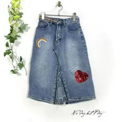 HONG XING デニムスカート 膝丈 リメイク風 レインボー ハート 刺繍