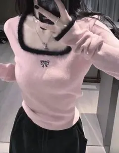 ピンク スクエアネック ニットトップス 長袖 リブニット リボン ファー スナ系