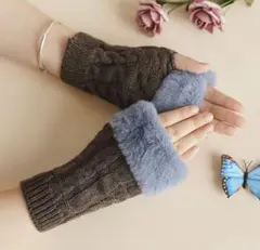 ファー　手袋 ニット スマホ対応 アームウォーマー アームカバー　チャコール